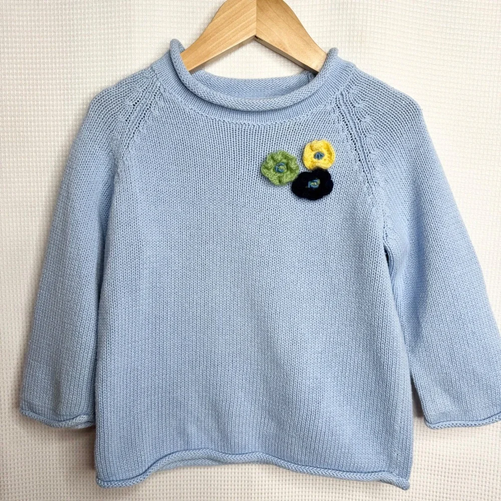 Vintage Talbots Kids Blue Cotton Knit Sweater Crochet Flower Applique Size 5